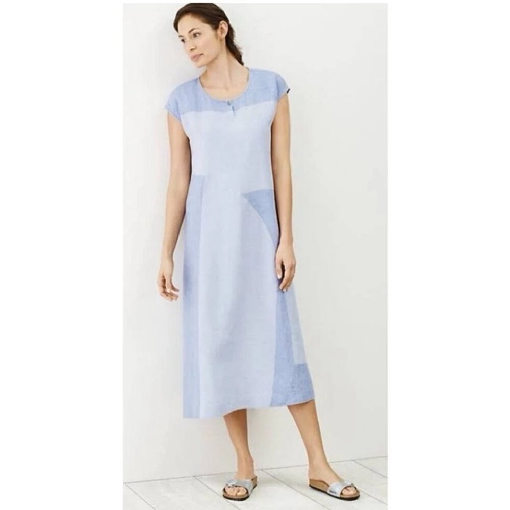 Pure Jill 100% Linen Color Block Dress Shift Sz XS Lagenlook Oversized A-Line